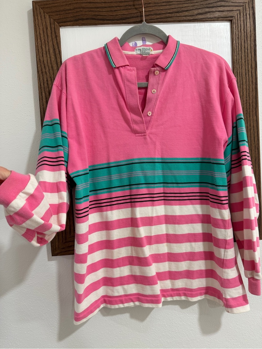 Izod Pink Teal White Striped Long Sleeve Rugby Polo
